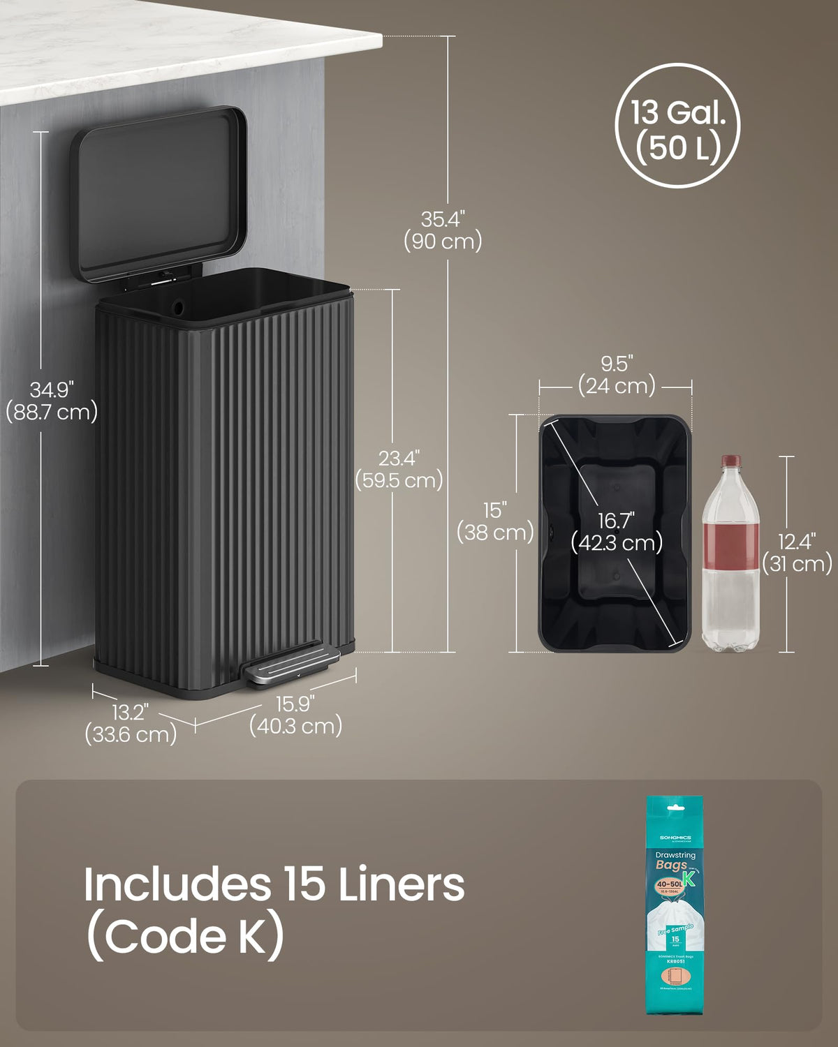 13 Gallon Stainless Steel Pedal Trash Can Q41018